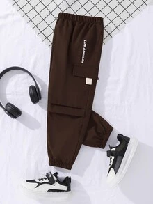 Young Boy Graphic Flap Pocket Side Drawstring Waist Cargo Pants - Brown - View 3