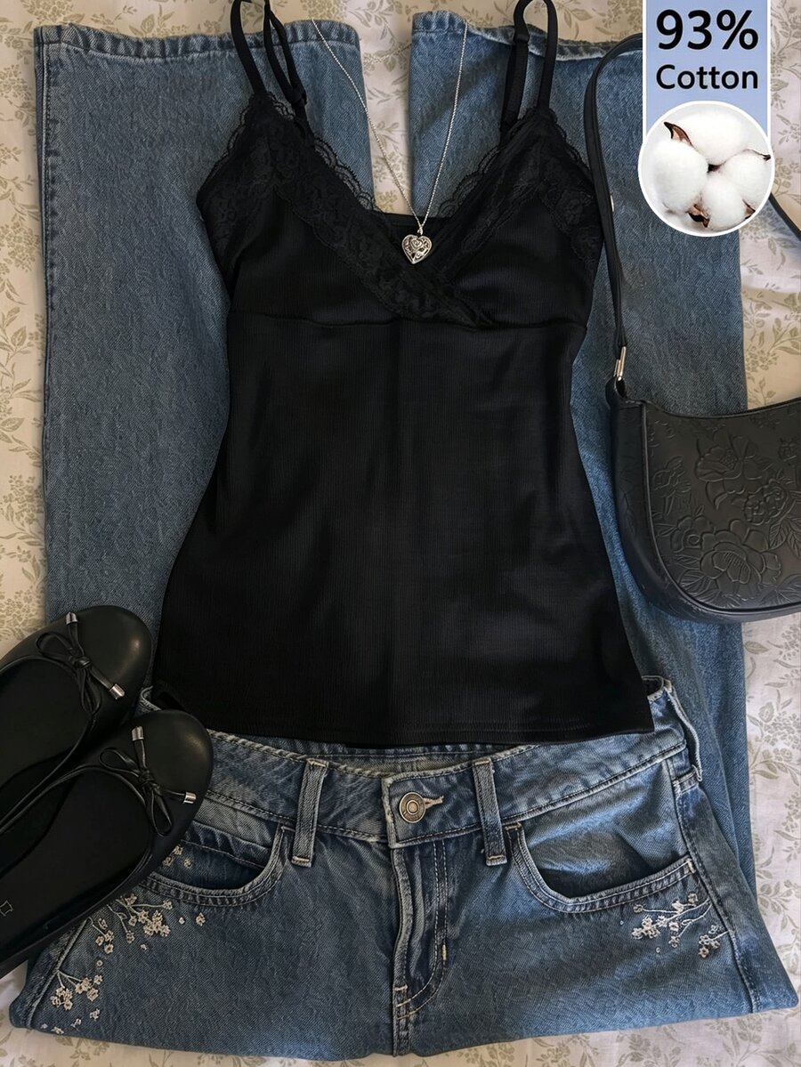 IslaSuriya Black Contrast Lace Cami Top - Black - View 1