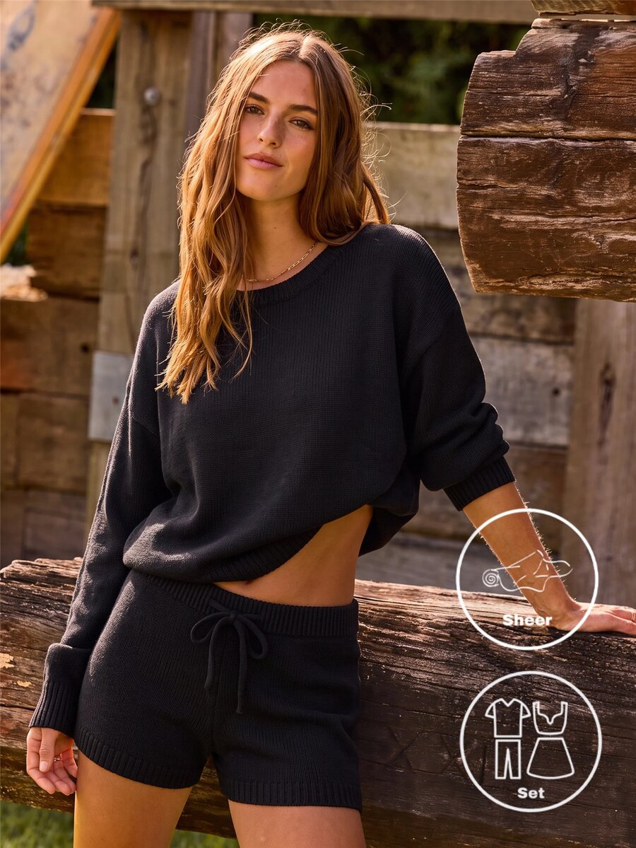 Aralina Drop Shoulder Sweater & Drawstring Waist Knit Shorts - Black - View 1
