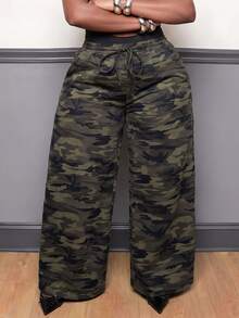 Slaydiva Plus Camo Print Drawstring Waist Wide Leg Pants - Army Green - View 7