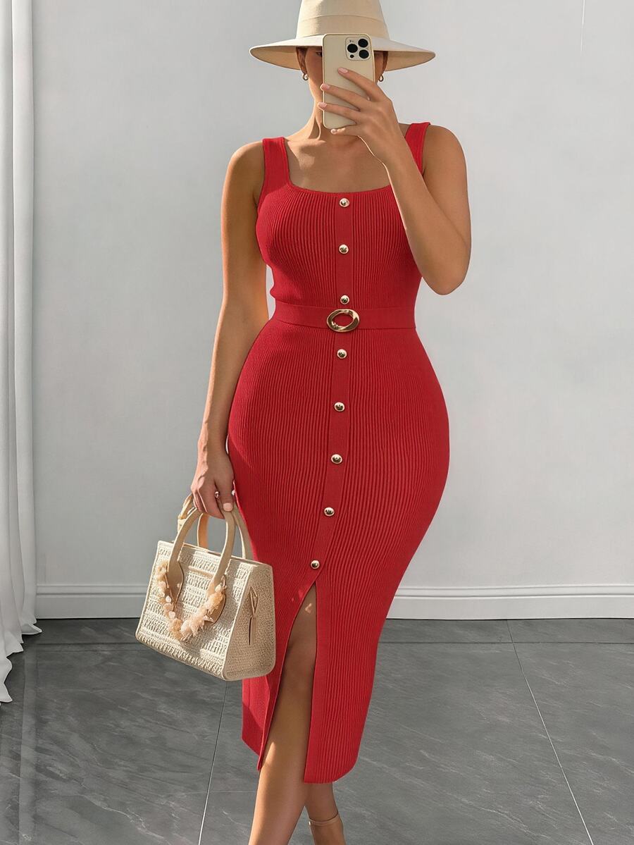 Elenzga Plus Button Front Split Hem Belted Sweater Dress Fall - Red - View 1