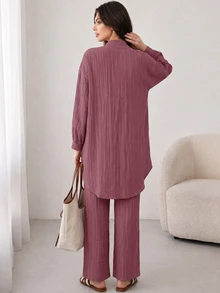 Solavon Solid Button Front Longline Blouse & Pants - Dusty Pink - View 2