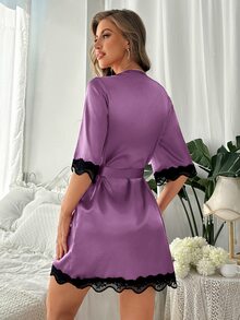 Crystal Vow Contrast Lace Belted Satin Robe - Purple - View 4