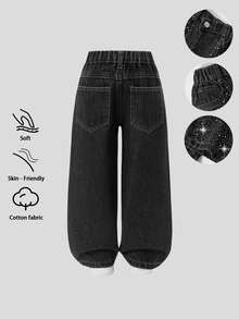 SHEIN Elladie kids 少女彈性腰保暖內裡牛仔褲 - 黑色 - 查看 2