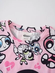 THE POWERPUFF GIRLS X SHEIN فستان كاجوال برقبة دائرية وأكمام قصيرة للفتيات المراهقات - وردي - مشاهدة 3