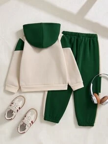 SHEIN Boys 2pcs Sweatshirt Set, Fall New Long Sleeve Hooded Sweatshirt And Pants Set, Pink Green Printed Zip-Up, Outfit For Daily Wear Birthday Beach School - Green - View 2