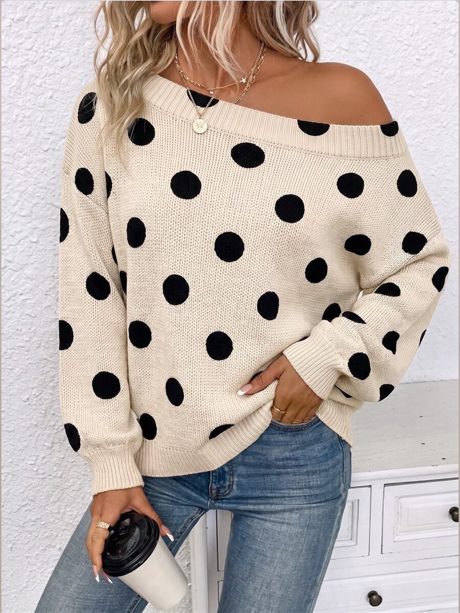 EMERY ROSE Suéter de cuello barco con hombros caídos y estampado de lunares - Multicolor - Ver 1