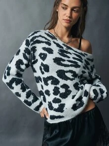 Bohemela Suéter con hombros caídos y estampado de leopardo - Beis - Ver 5