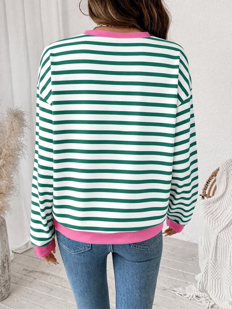 SHEIN LUNE Contrast Striped Print Drop Shoulder Oversize Ringer Pullover Sweatshirt - White - View 2