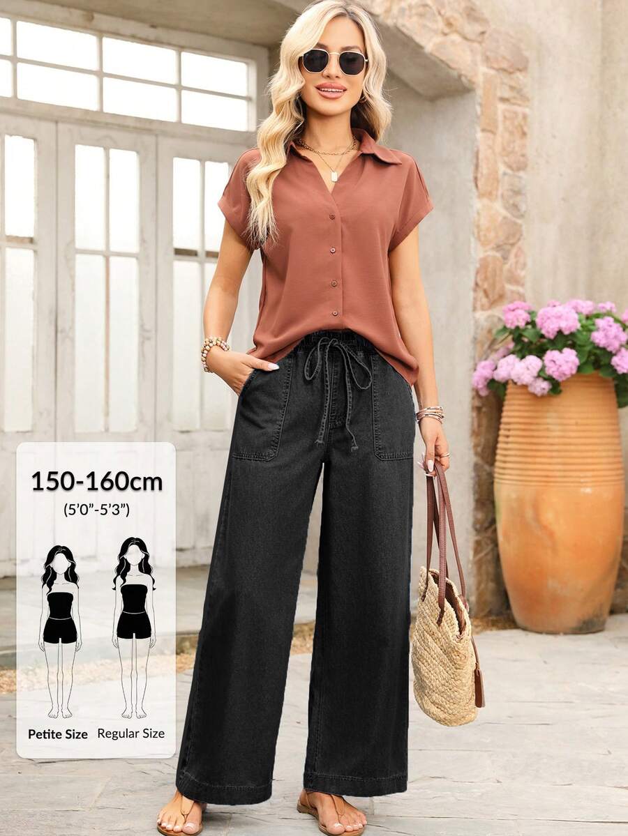 SHEIN PETITE Jeans de pierna ancha con cintura de cordón - Negro - Ver 1