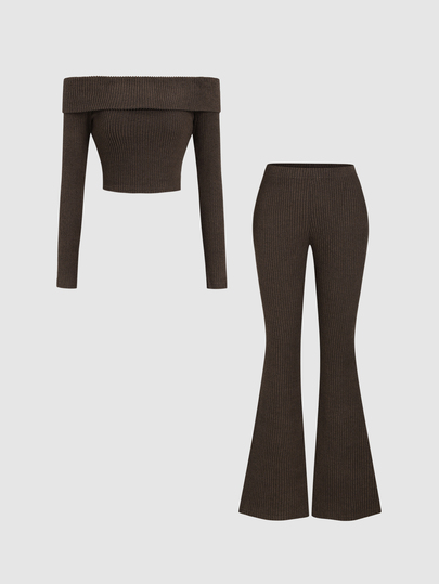Sweetra Solid Foldover Off Shoulder Crop Top & Flare Leg Pants Set