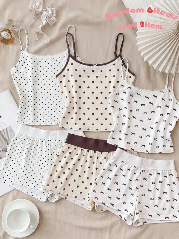 SHEIN Teen Girl 3pcs Polka Dot Cami Top & 3pcs Shorts