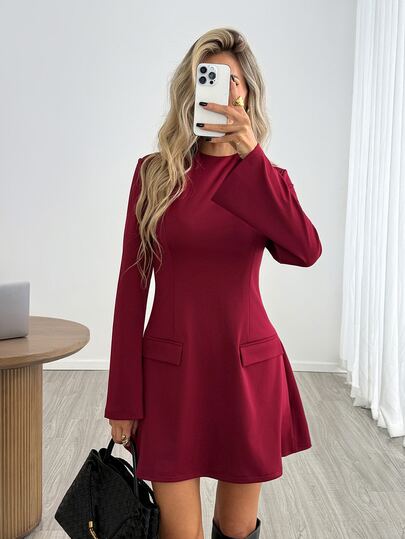 Easowa Women's Short Dress With Small Stand Collar, Cinched Waist, A-Line Skirt, Long Sleeves, Casual Relaxed Elegant Commuter Old Money Style, Autumn/Winter