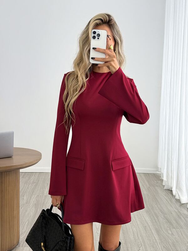 Easowa Women's Short Dress With Small Stand Collar, Cinched Waist, A-Line Skirt, Long Sleeves, Casual Relaxed Elegant Commuter Old Money Style, Autumn/Winter