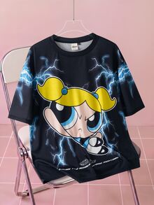 THE POWERPUFF GIRLS X SHEIN Men's Cartoon Print Casual Versatile Daily Wear Short Sleeve T-Shirt - Black - View 1
