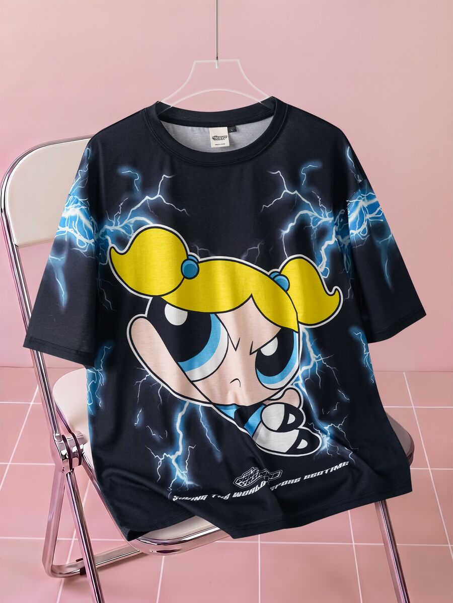 THE POWERPUFF GIRLS X SHEIN Men's Cartoon Print Casual Versatile Daily Wear Short Sleeve T-Shirt - Black - View 1