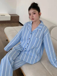 Dazy Plus 條紋拼接配色寬鬆短袖上衣與長褲家居服套裝，粉紅色，春夏秋季，大尺碼女款睡衣套裝 - 藍色 - 查看 2