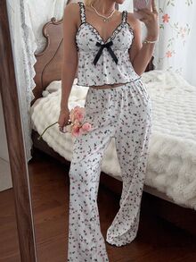 SHEIN Ditsy Floral Print Bow Front Lettuce Trim PJ Set - White - View 3