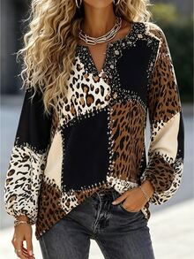 SHEIN Black And White Leopard Print Patchwork Print Colorblock Lantern Sleeve Notch Neck Top Night Out Autumn Casual - Multicolor - View 6