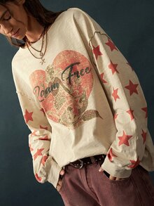 Bohemela Mermaid Star & Letter Graphic Drop Shoulder Oversize Tee - Apricot - View 5