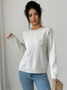 SHEIN Floral Pattern Drop Shoulder Sweater - Apricot - View 4