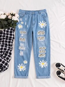 SHEIN Jeans rasgados con estampado floral & leopardo y borde crudo talla grande - Azul - Ver 1