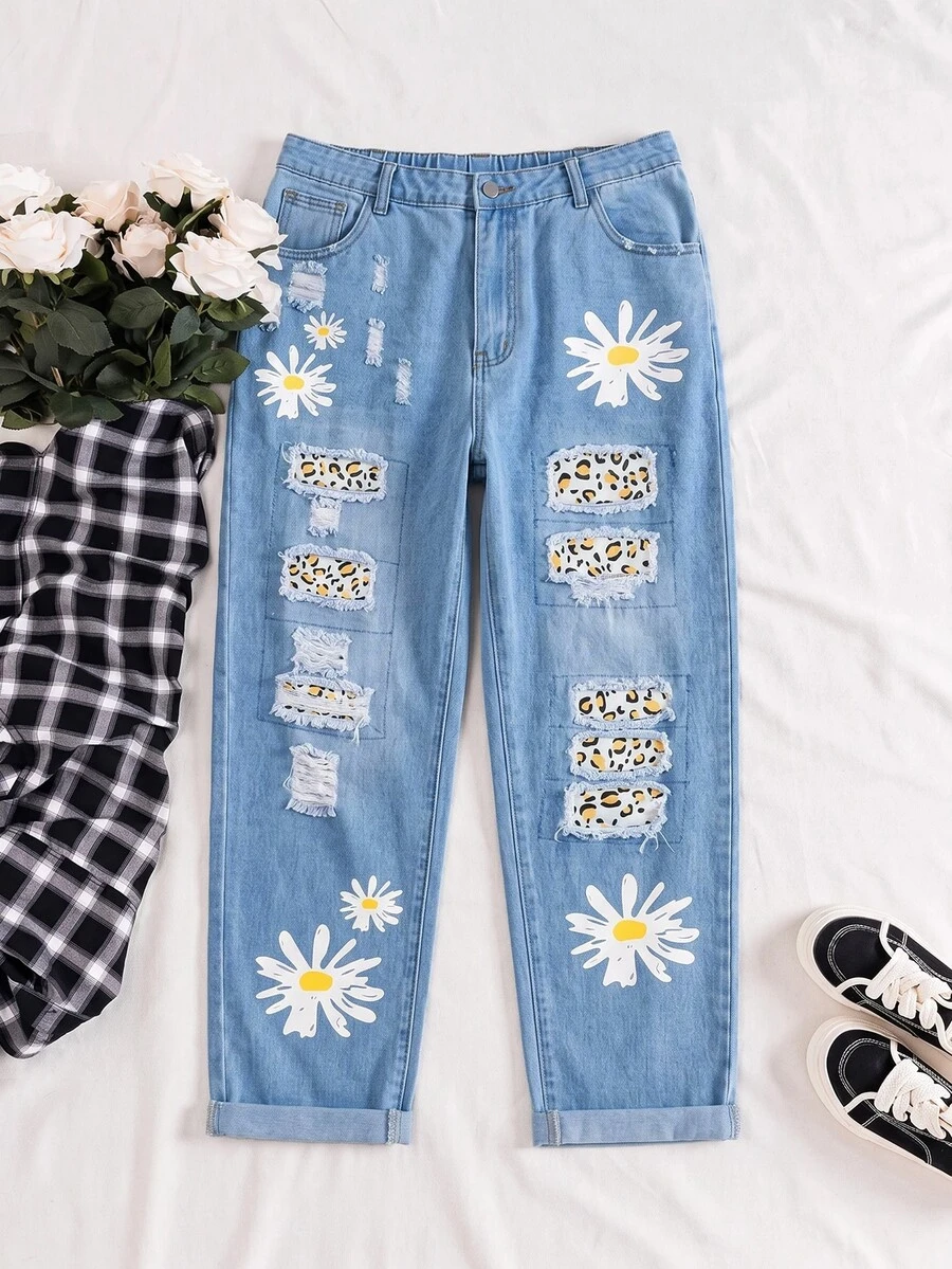 SHEIN Jeans rasgados con estampado floral & leopardo y borde crudo talla grande - Azul - Ver 1