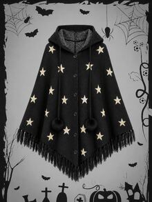 DreamSkyne Plus Size Halloween Allover Star Pattern Fringe Hem Pompom Drawstring Hooded Cape Cardigan Formal Date Night Black Autumn 1960s 1920s - Black - View 1