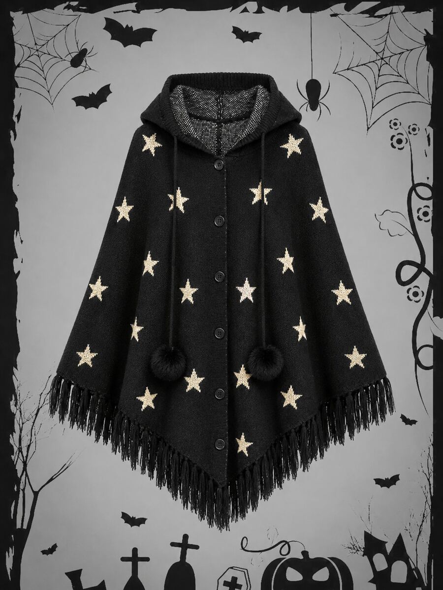 DreamSkyne Plus Size Halloween Allover Star Pattern Fringe Hem Pompom Drawstring Hooded Cape Cardigan Formal Date Night Black Autumn 1960s 1920s - Black - View 1