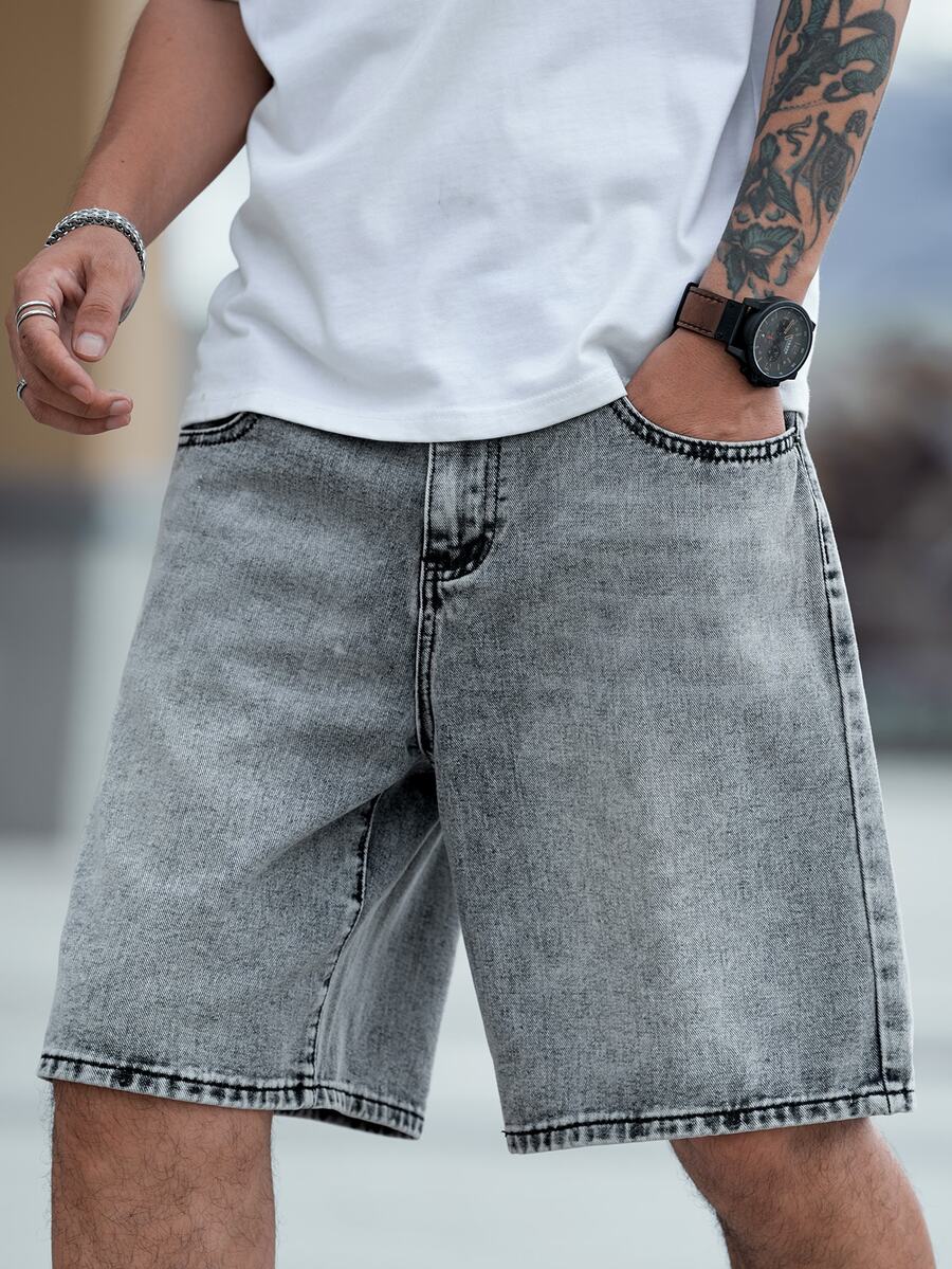 QuarKem Men Slant Pocket Washed Denim Shorts - Light Grey - View 1