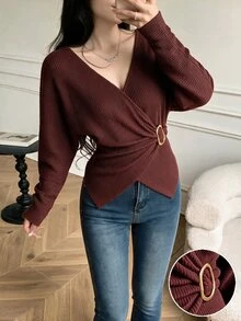 Celisse Solid Batwing Sleeve Wrap Tee - Brown - View 1