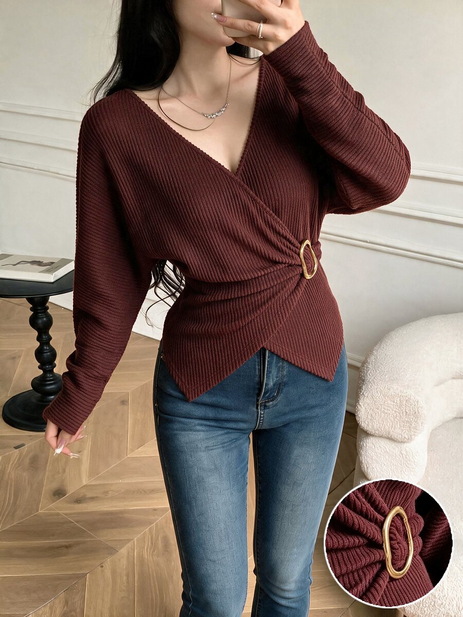 Celisse Solid Batwing Sleeve Wrap Tee - Brown - View 1