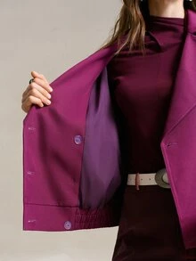 MOTF PREMIUM SOLID HIGH NECK DROP SHOULDER DOUBLE BREASTED PLACKET CROP COAT - Purple - View 8
