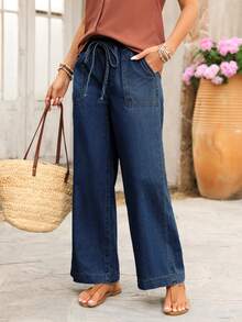 SHEIN PETITE Jeans de pierna ancha con cintura con cordón - Azul lavado oscuro - Ver 5