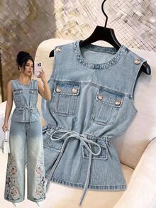 GlowEve Atasan Denim Tanpa Lengan Wanita dengan Detail Lipatan dan Tali Serut di Pinggang - Biru - View 1