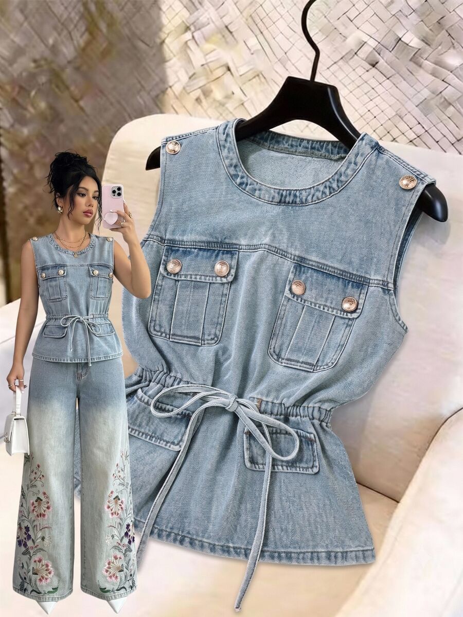 GlowEve Atasan Denim Tanpa Lengan Wanita dengan Detail Lipatan dan Tali Serut di Pinggang - Biru - View 1