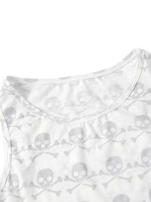ROMWE Grunge Punk Allover Skull Print Lettuce Trim Asymmetrical Hem Tank Top - White - View 3