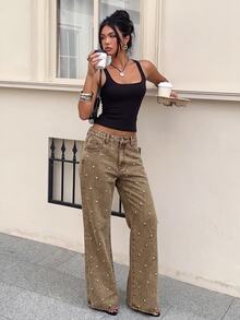 Comfortcana Jeans de pierna ancha con detalles de pedrería - Granate - Ver 3