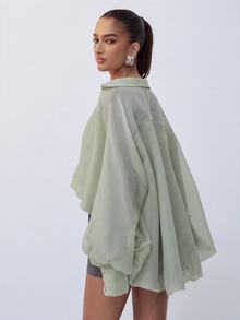 Hauture Sheer Striped Balloon Sleeve Crop Shirt - Dark Green - View 6