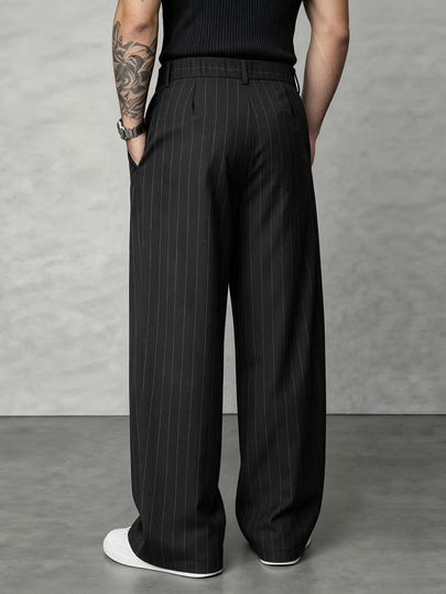 SLATEMANN Pantalones largos a rayas azul marino para hombre, diseño de moda corte holgado versátil casual pantalones de pierna ancha
