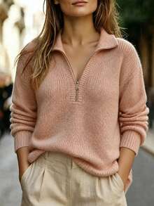 SHEIN LUNE CURVE Plus Half Zip Drop Shoulder Sweater Autumn Formal Club Vacation Dusty Pink Casual Baggy Traditional - Pink - View 3