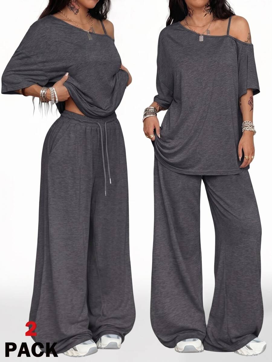 Coolane Asymmetrical Neck Tee & Wide Leg Pants - Dark Grey - View 1