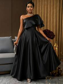 Lunelith SHEIN Lunessa One Shoulder Ruffle Trim Satin Maxi Dress - Black - View 5