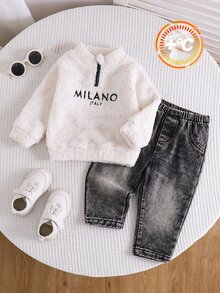 SHEIN 男嬰字母刺繡泰迪衛衣與牛仔褲套裝 - 彩色 - 查看 3
