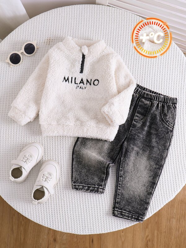 SHEIN Baby Boy Letter Embroidery Teddy Sweatshirt & Jeans