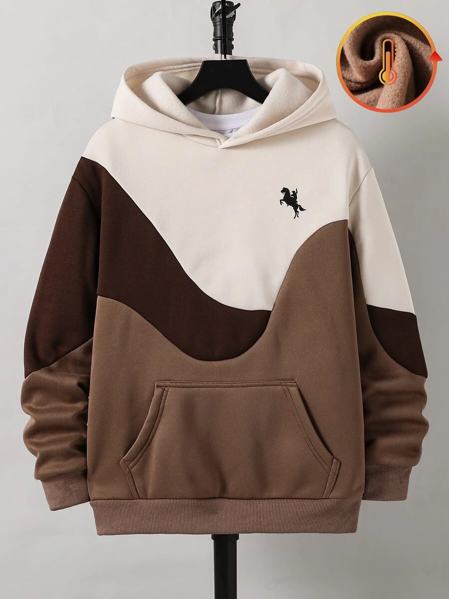 SHEIN 青少年男款休閒純色棕色寬鬆連帽衛衣 - 棕色 - 查看 1