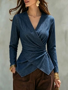 SHEIN Franclia Solid Wrap Asymmetrical Hem Blouse - Blue - View 3