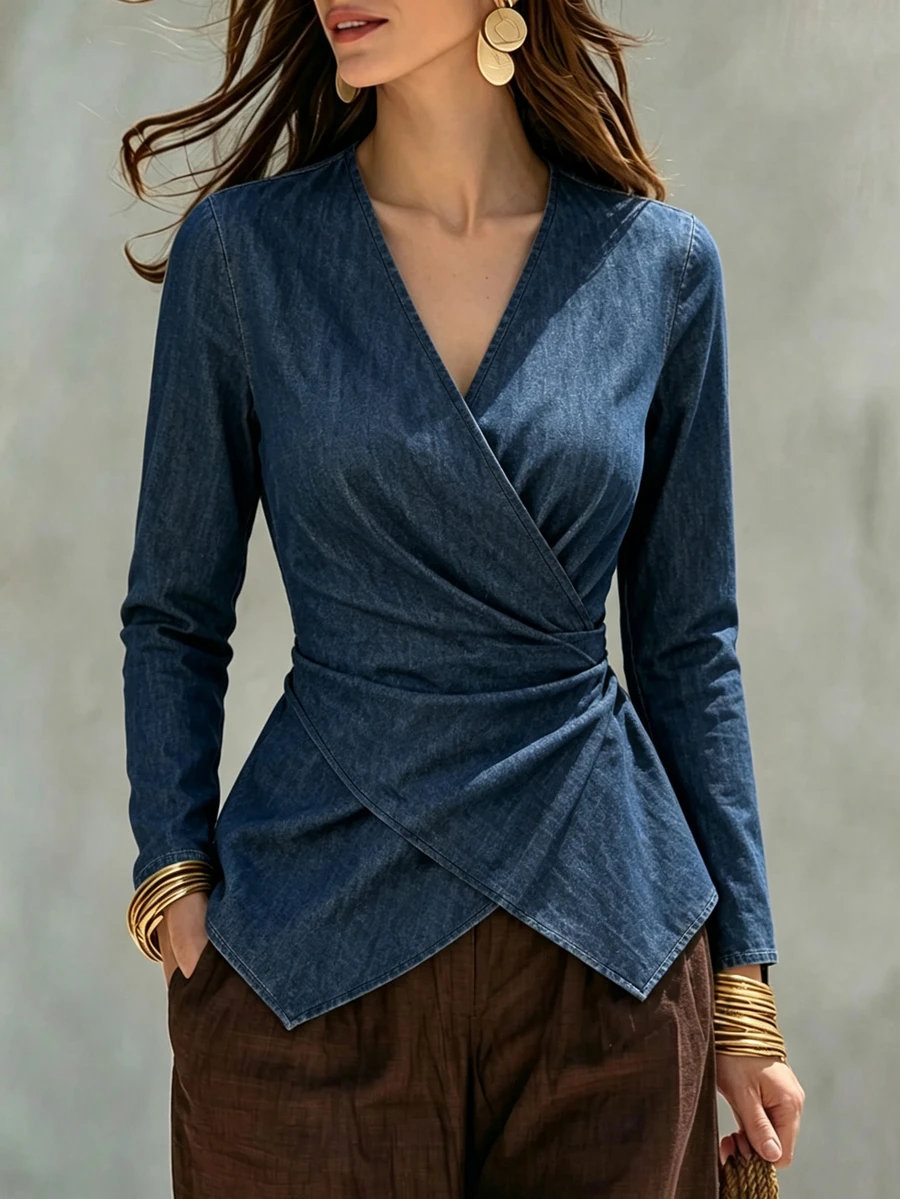 SHEIN Franclia Solid Wrap Asymmetrical Hem Blouse - Blue - View 1