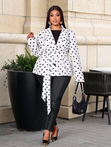 SOLERSUN Plus Polka Dot Print Belted Blazer - Black and White - View 3