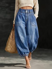 LUMIGAL High Waist Slant Pocket Jogger Jeans - Blue - View 5
